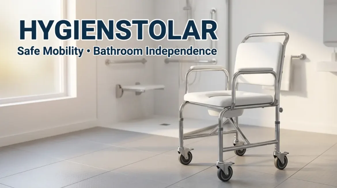 Hygienstolar hygiene chair with wheels and armrests designed for bathroom safety and mobility support at home